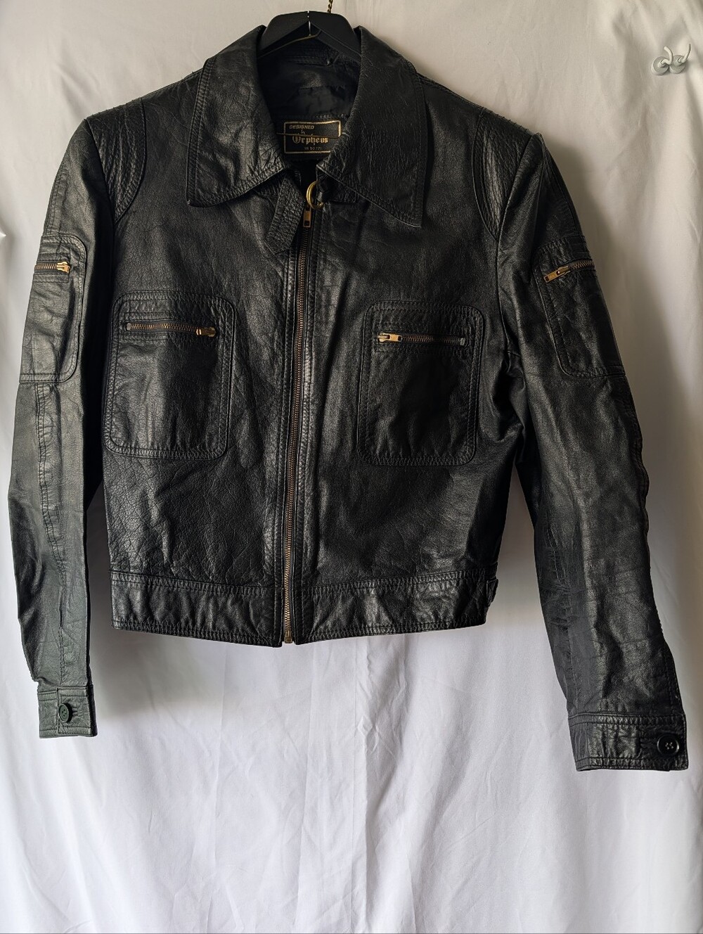 Vintage 1970s Black Leather Cafe Racer Jacket 70s Dagger Collar Orpheus 42 YKK